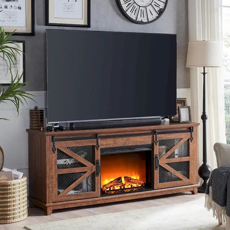 Meuble TV avec cheminée électrique et portes coulissantes style grange, style ferme, convient aux téléviseurs jusqu'à 66 pouces