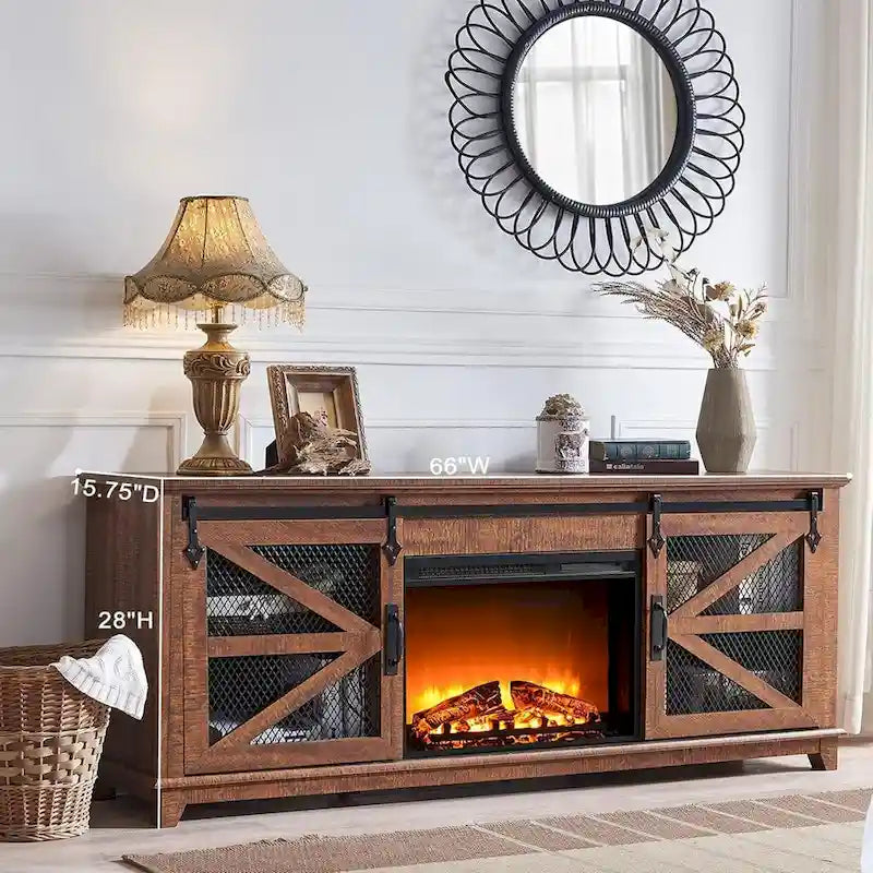 Meuble TV avec cheminée électrique et portes coulissantes style grange, style ferme, convient aux téléviseurs jusqu'à 66 pouces