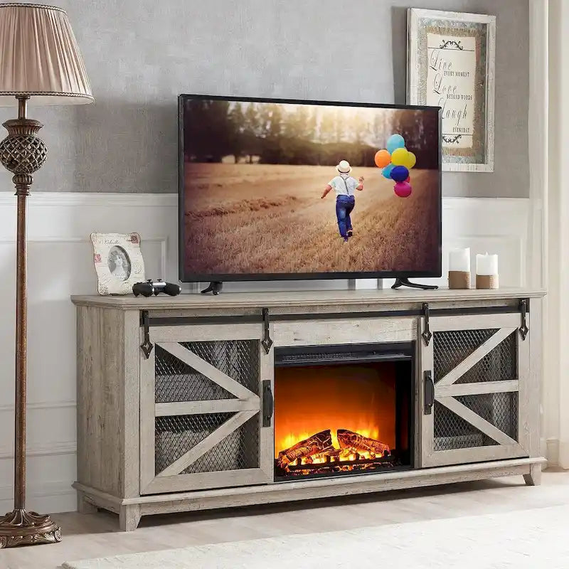 Meuble TV avec cheminée électrique et portes coulissantes style grange, style ferme, convient aux téléviseurs jusqu'à 66 pouces