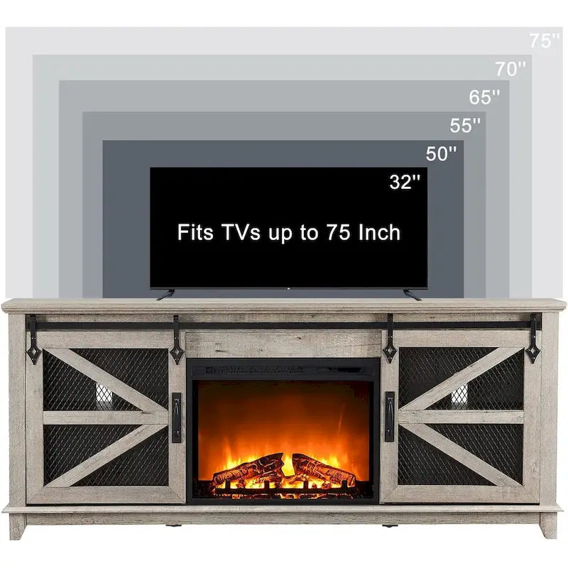 Meuble TV avec cheminée électrique et portes coulissantes style grange, style ferme, convient aux téléviseurs jusqu'à 66 pouces