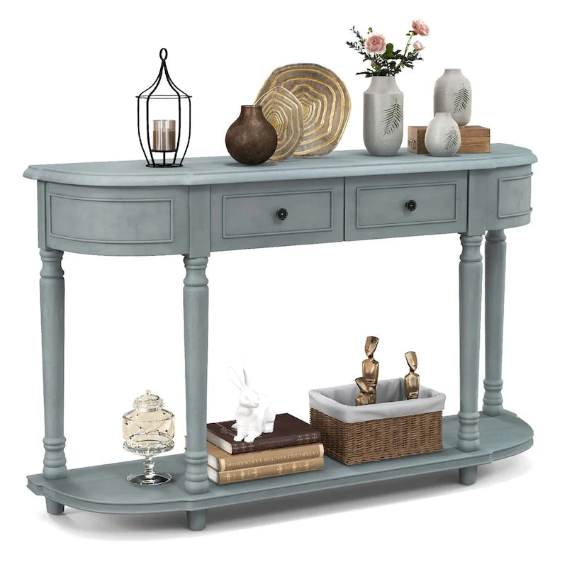 Console de style rétro bleue avec 2 tiroirs et étagère ouverte