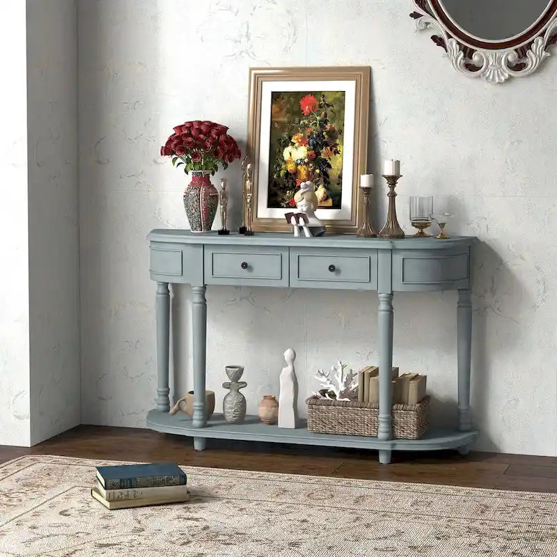 Console de style rétro bleue avec 2 tiroirs et étagère ouverte