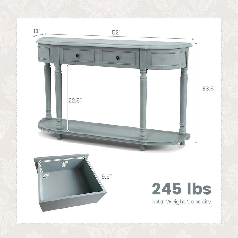 Console de style rétro bleue avec 2 tiroirs et étagère ouverte