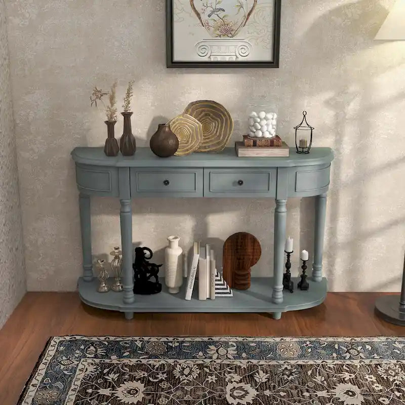 Console de style rétro bleue avec 2 tiroirs et étagère ouverte