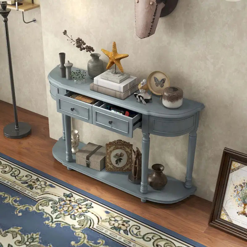 Console de style rétro bleue avec 2 tiroirs et étagère ouverte
