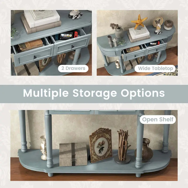 Console de style rétro bleue avec 2 tiroirs et étagère ouverte