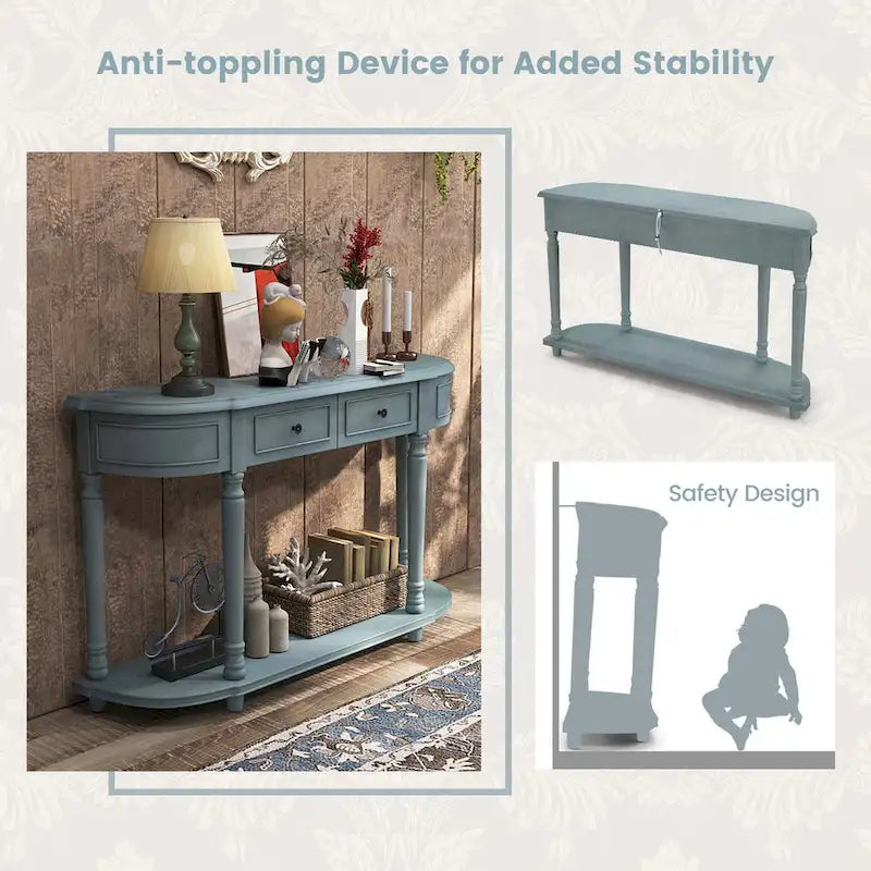 Console de style rétro bleue avec 2 tiroirs et étagère ouverte