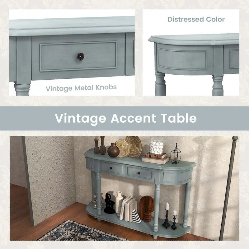 Console de style rétro bleue avec 2 tiroirs et étagère ouverte
