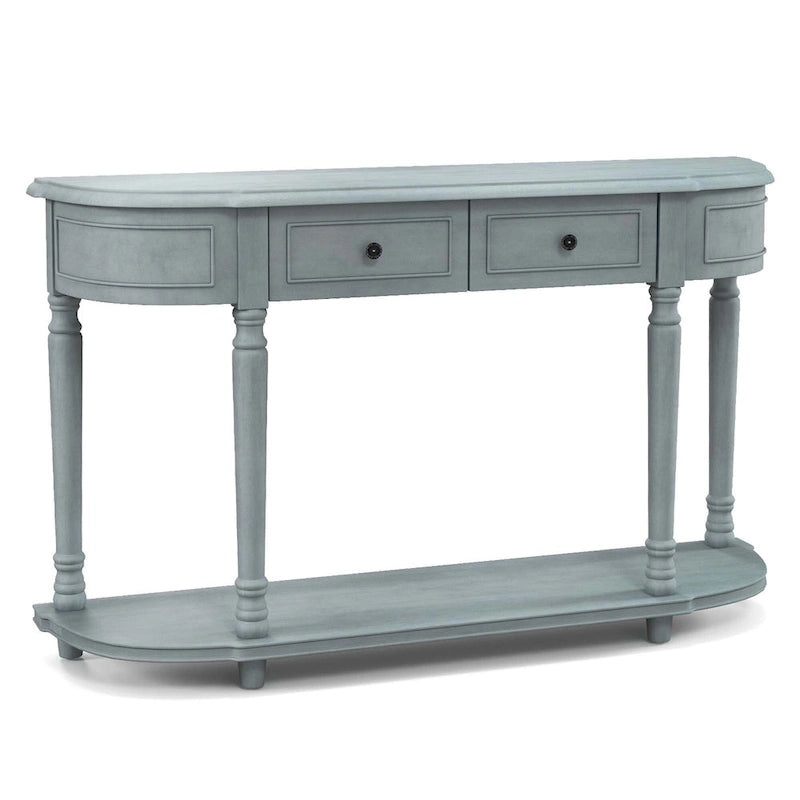Console de style rétro bleue avec 2 tiroirs et étagère ouverte