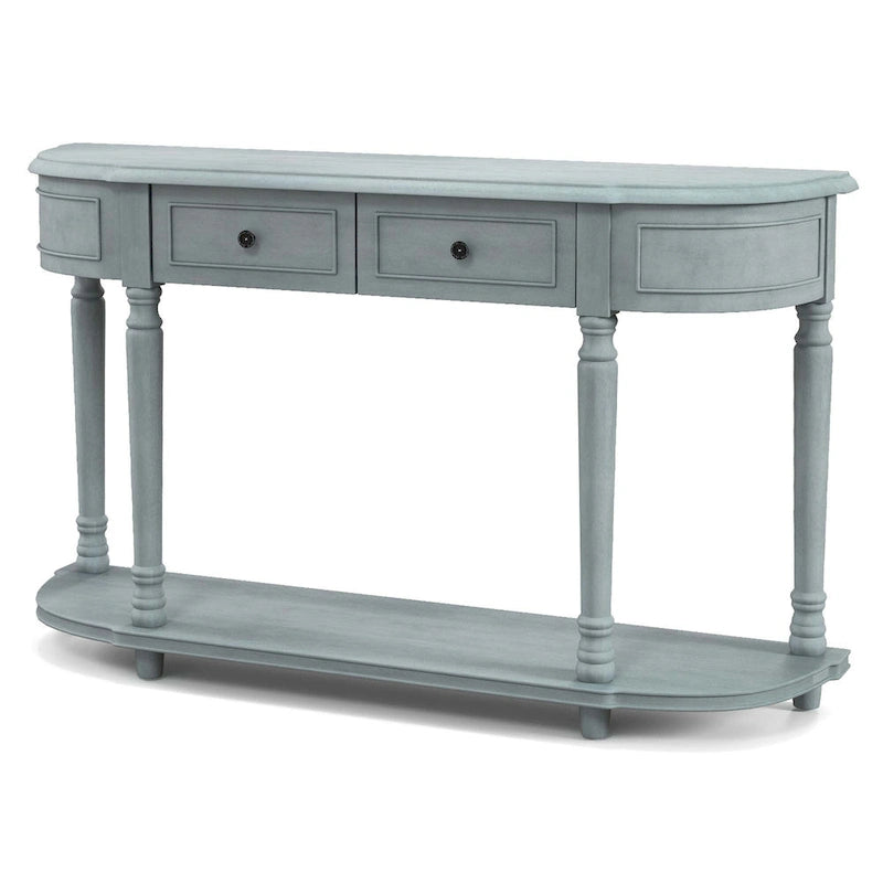 Console de style rétro bleue avec 2 tiroirs et étagère ouverte