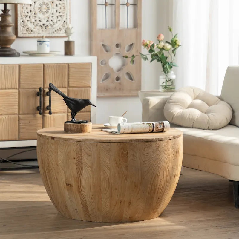 Table basse style tonneau marron/naturel avec rangement, 80 cm de long