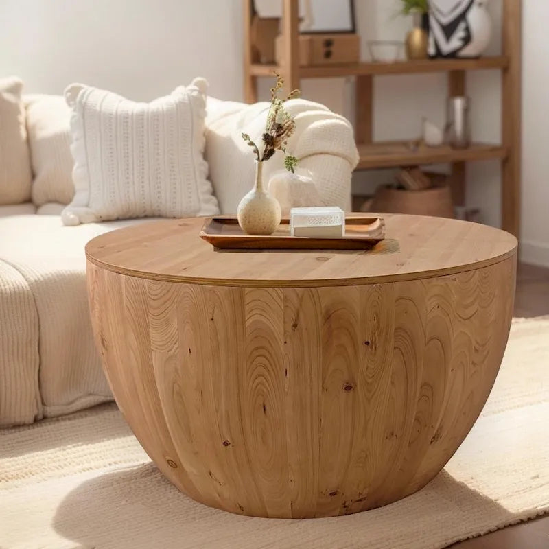 Table basse style tonneau marron/naturel avec rangement, 80 cm de long