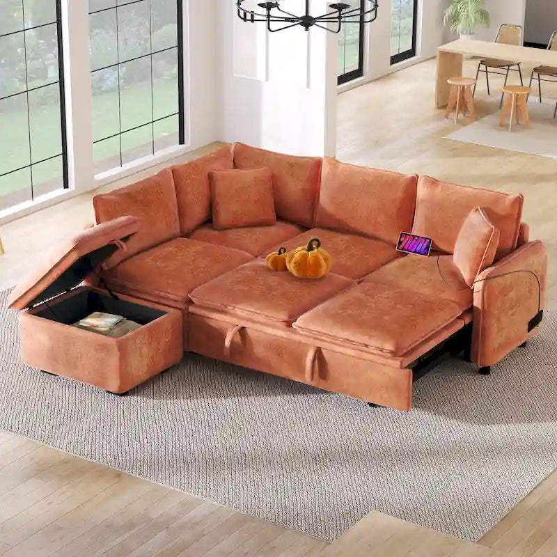 Canapé-lit d'angle réversible orange et vert avec pouf de rangement, 3-4 places
