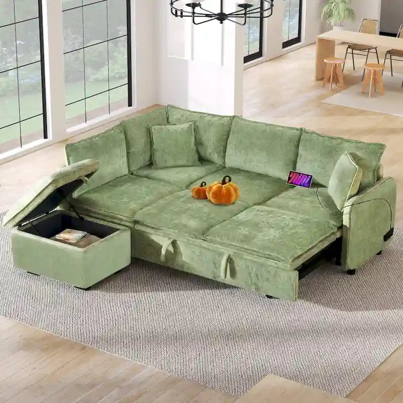 Canapé-lit d'angle réversible orange et vert avec pouf de rangement, 3-4 places