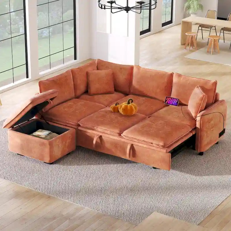 Canapé-lit d'angle réversible orange et vert avec pouf de rangement, 3-4 places
