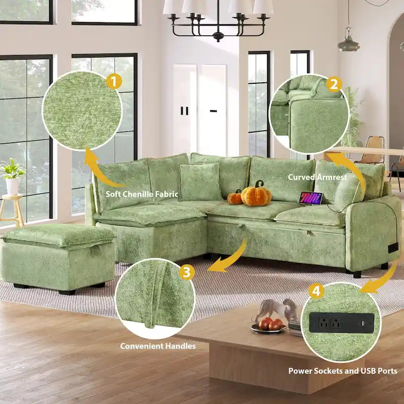 Canapé-lit d'angle réversible orange et vert avec pouf de rangement, 3-4 places