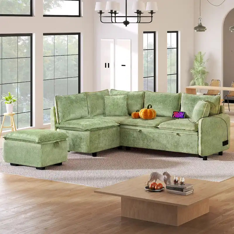 Canapé-lit d'angle réversible orange et vert avec pouf de rangement, 3-4 places
