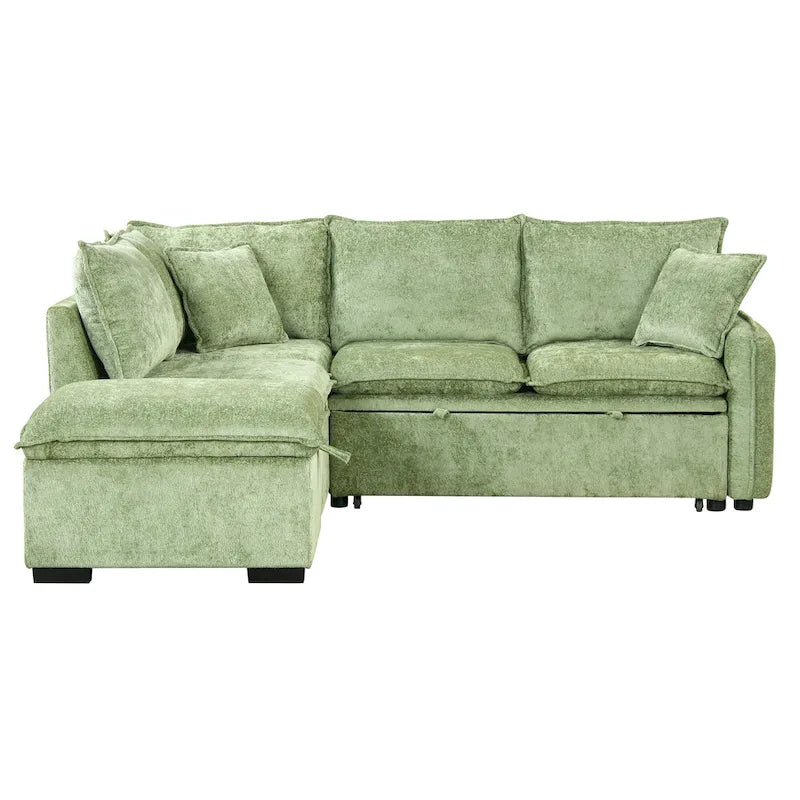 Canapé-lit d'angle réversible orange et vert avec pouf de rangement, 3-4 places