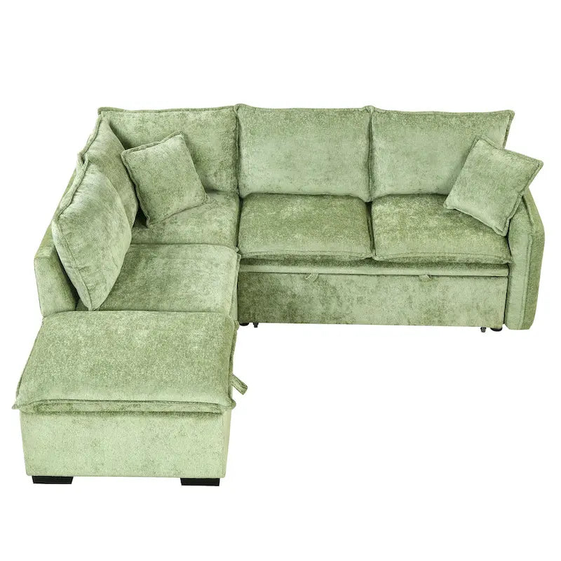 Canapé-lit d'angle réversible orange et vert avec pouf de rangement, 3-4 places