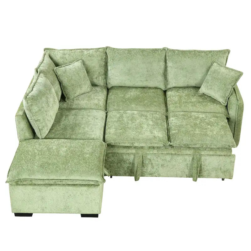 Canapé-lit d'angle réversible orange et vert avec pouf de rangement, 3-4 places