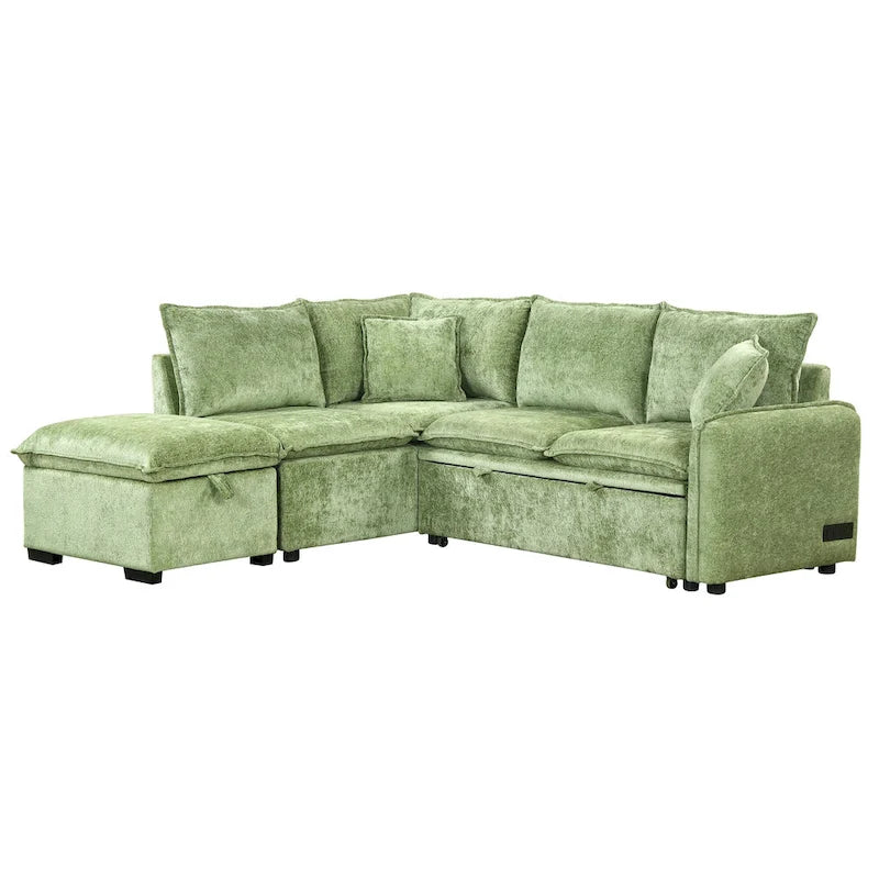 Canapé-lit d'angle réversible orange et vert avec pouf de rangement, 3-4 places