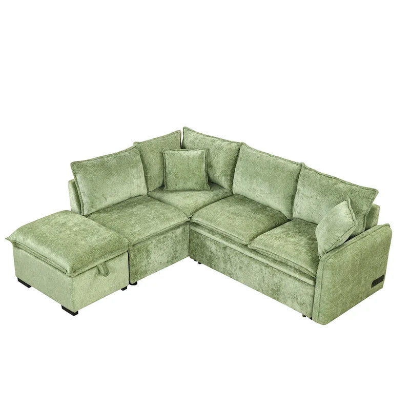 Canapé-lit d'angle réversible orange et vert avec pouf de rangement, 3-4 places