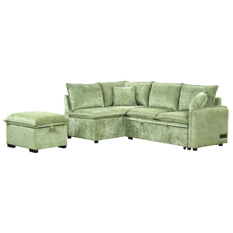 Canapé-lit d'angle réversible orange et vert avec pouf de rangement, 3-4 places