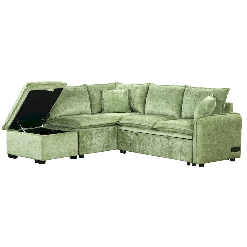 Canapé-lit d'angle réversible orange et vert avec pouf de rangement, 3-4 places