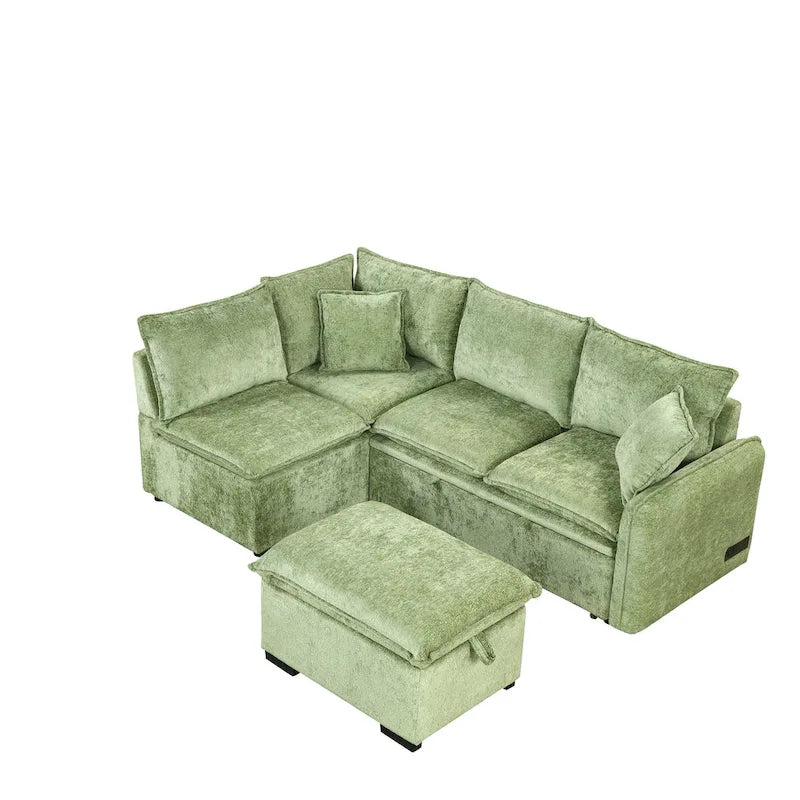 Canapé-lit d'angle réversible orange et vert avec pouf de rangement, 3-4 places