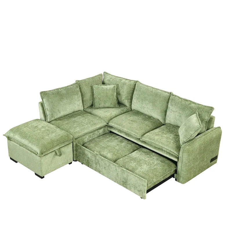 Canapé-lit d'angle réversible orange et vert avec pouf de rangement, 3-4 places