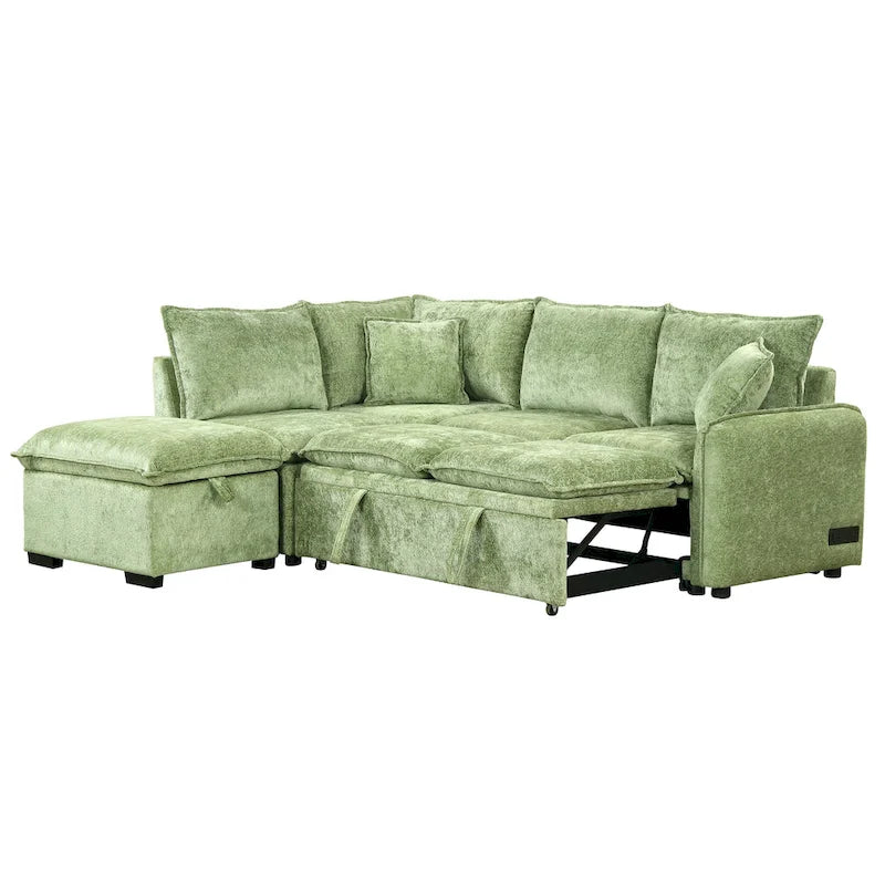 Canapé-lit d'angle réversible orange et vert avec pouf de rangement, 3-4 places