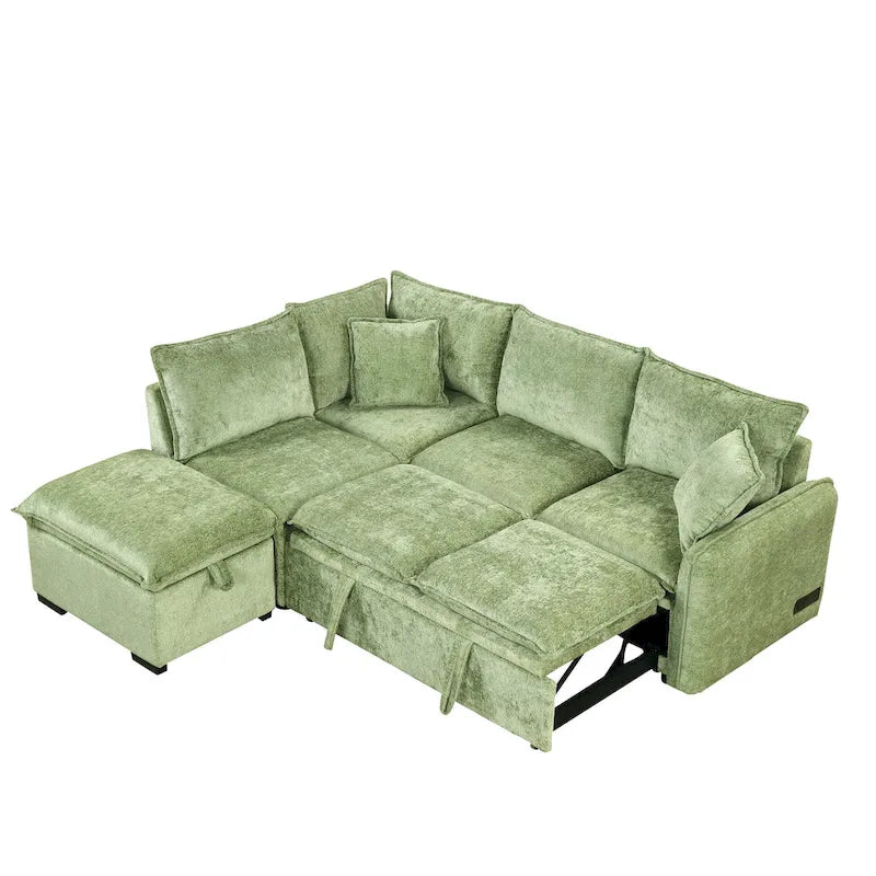 Canapé-lit d'angle réversible orange et vert avec pouf de rangement, 3-4 places