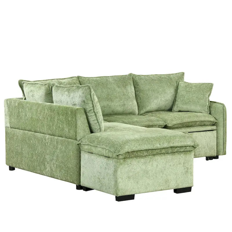 Canapé-lit d'angle réversible orange et vert avec pouf de rangement, 3-4 places