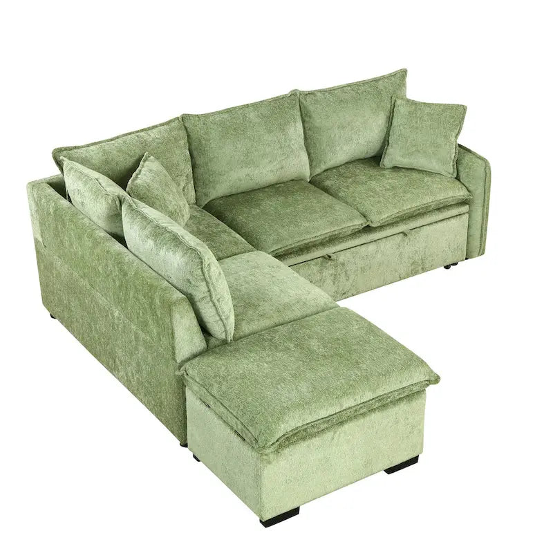 Canapé-lit d'angle réversible orange et vert avec pouf de rangement, 3-4 places