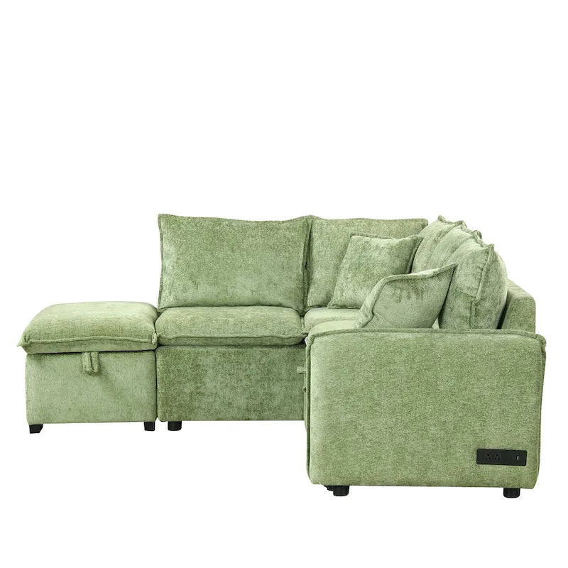 Canapé-lit d'angle réversible orange et vert avec pouf de rangement, 3-4 places