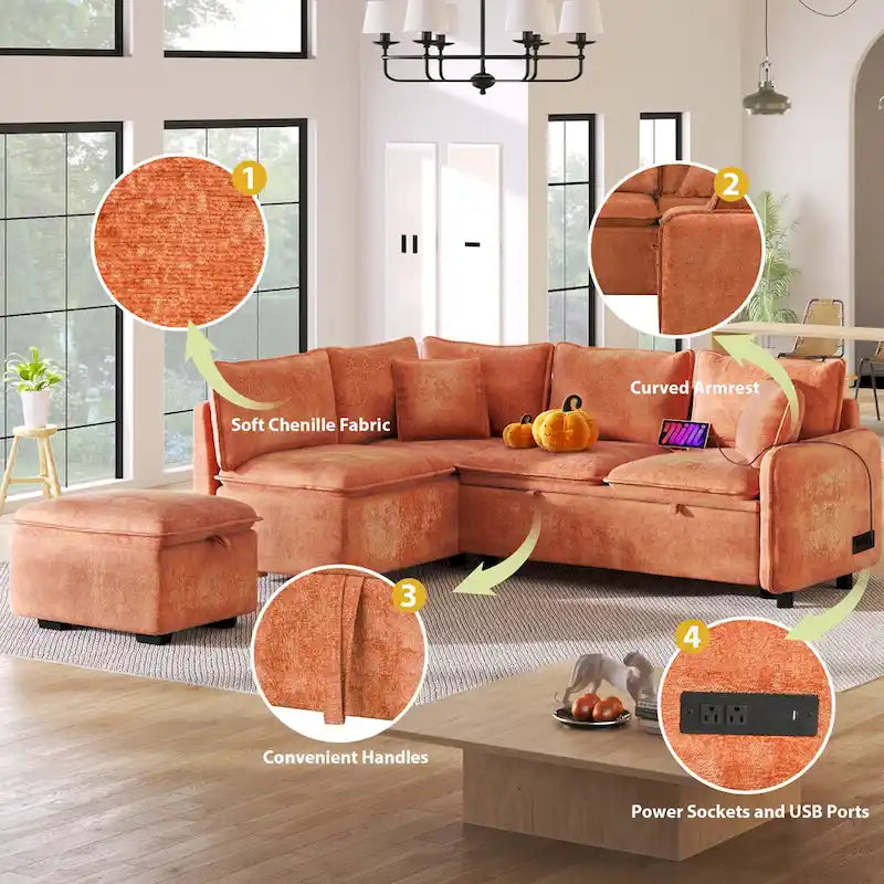 Canapé-lit d'angle réversible orange et vert avec pouf de rangement, 3-4 places