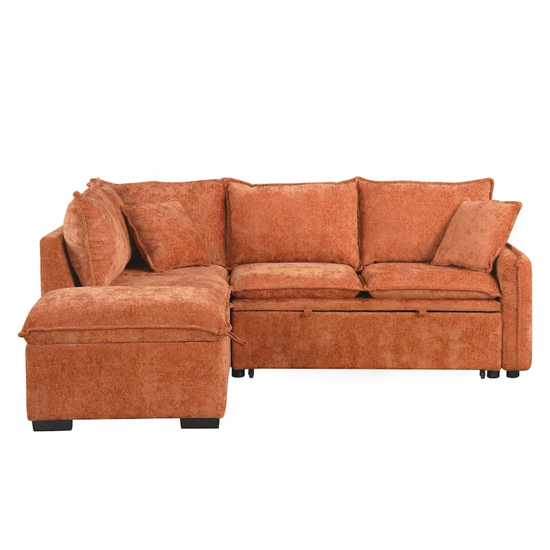 Canapé-lit d'angle réversible orange et vert avec pouf de rangement, 3-4 places