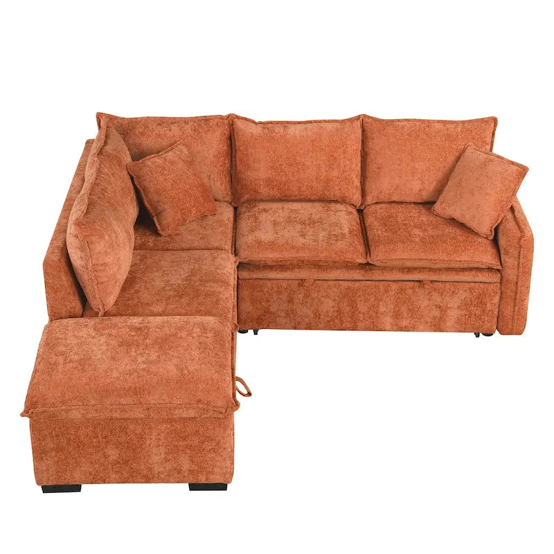 Canapé-lit d'angle réversible orange et vert avec pouf de rangement, 3-4 places