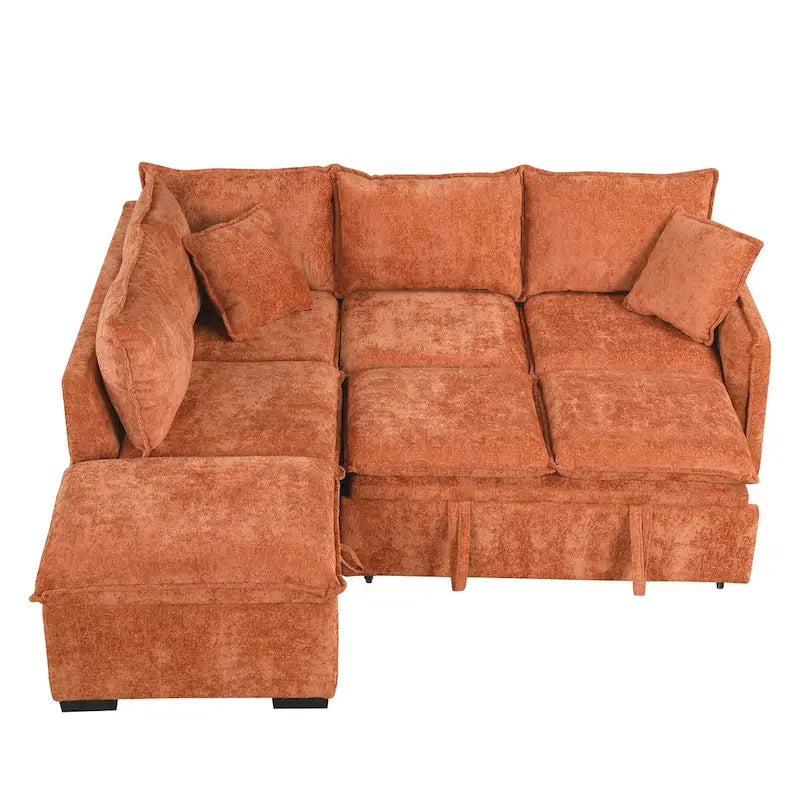 Canapé-lit d'angle réversible orange et vert avec pouf de rangement, 3-4 places