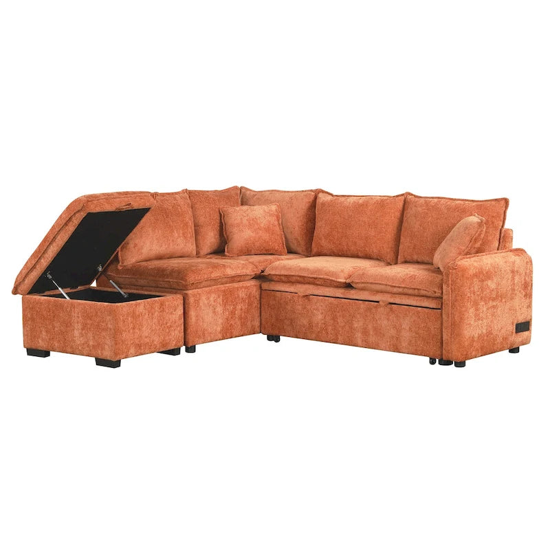 Canapé-lit d'angle réversible orange et vert avec pouf de rangement, 3-4 places