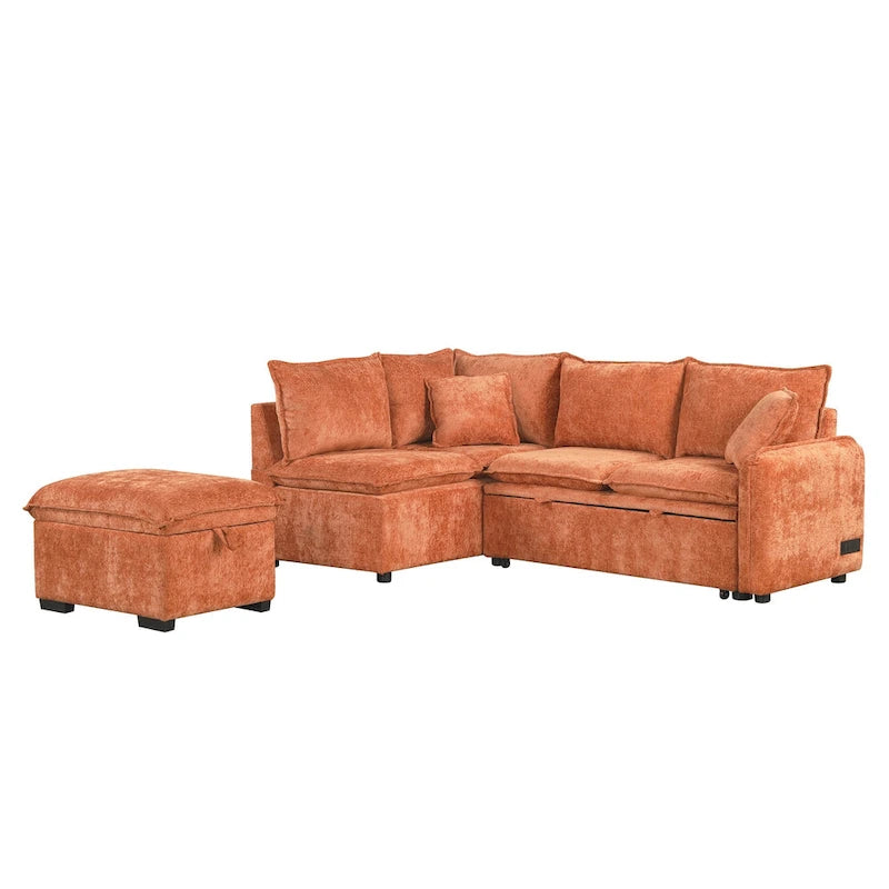 Canapé-lit d'angle réversible orange et vert avec pouf de rangement, 3-4 places