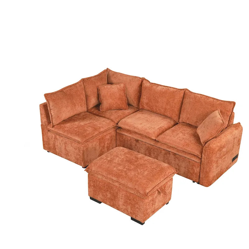 Canapé-lit d'angle réversible orange et vert avec pouf de rangement, 3-4 places