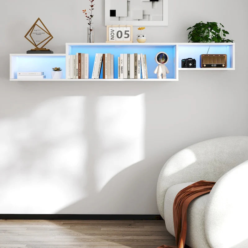Meuble TV mural flottant à 3 niveaux blanc, une pièce