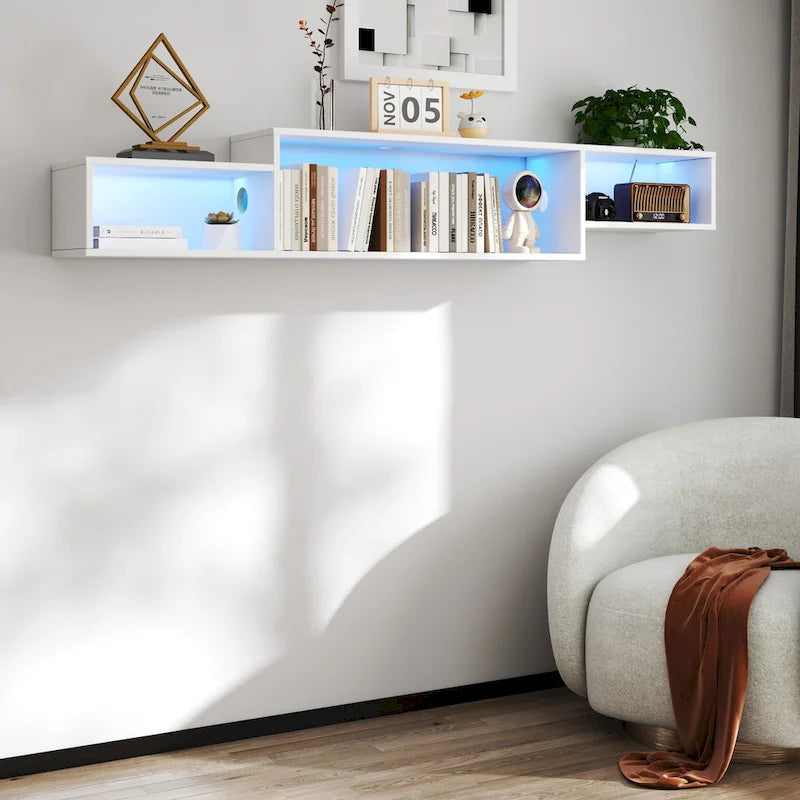 Meuble TV mural flottant à 3 niveaux blanc, une pièce