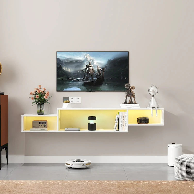 Meuble TV mural flottant à 3 niveaux blanc, une pièce