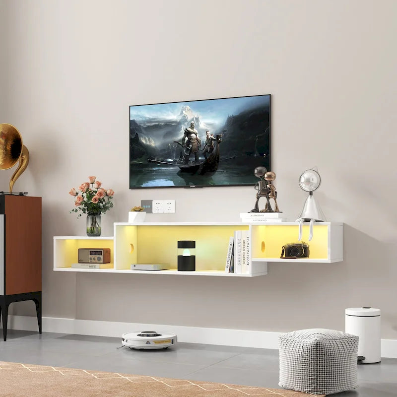 Meuble TV mural flottant à 3 niveaux blanc, une pièce