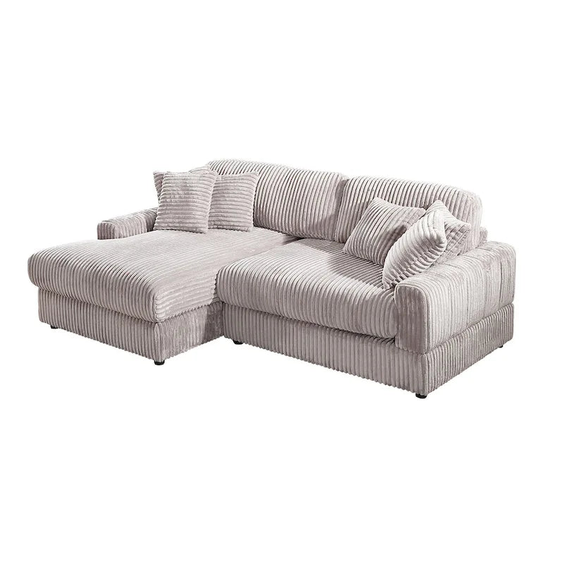 Canapé d'angle convertible en velours côtelé bleu marine antique/gris clair, 4-5 places, 6 coussins