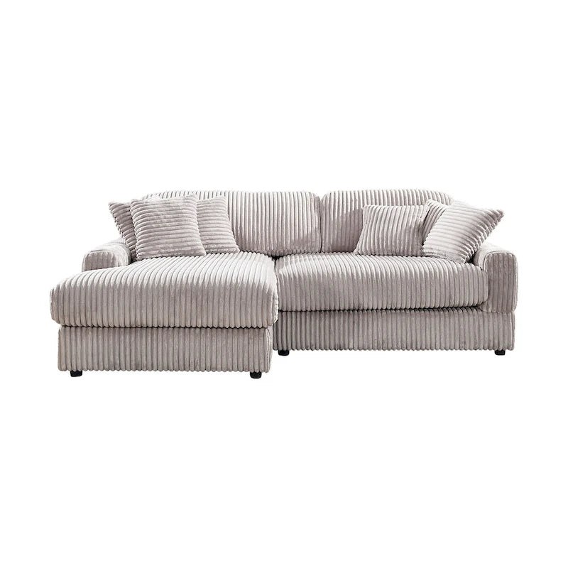 Canapé d'angle convertible en velours côtelé bleu marine antique/gris clair, 4-5 places, 6 coussins
