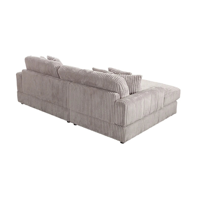 Canapé d'angle convertible en velours côtelé bleu marine antique/gris clair, 4-5 places, 6 coussins