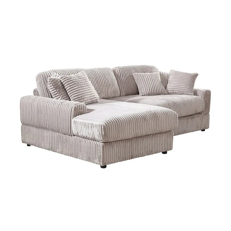 Canapé d'angle convertible en velours côtelé bleu marine antique/gris clair, 4-5 places, 6 coussins